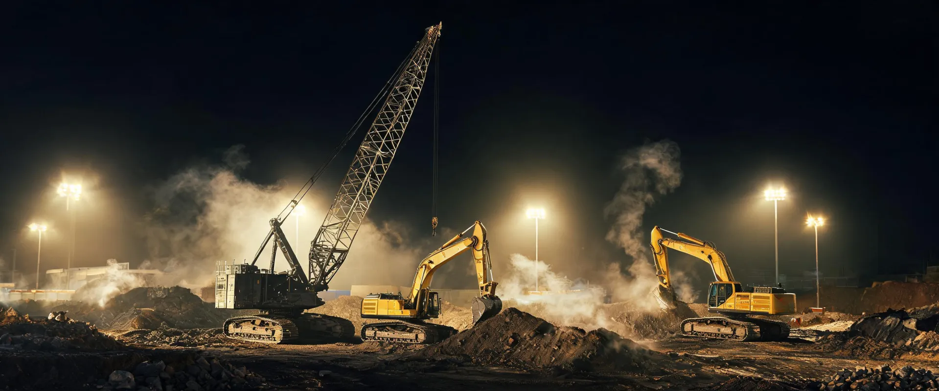 Night shift crawler crane and excavator fleet on jobsite
